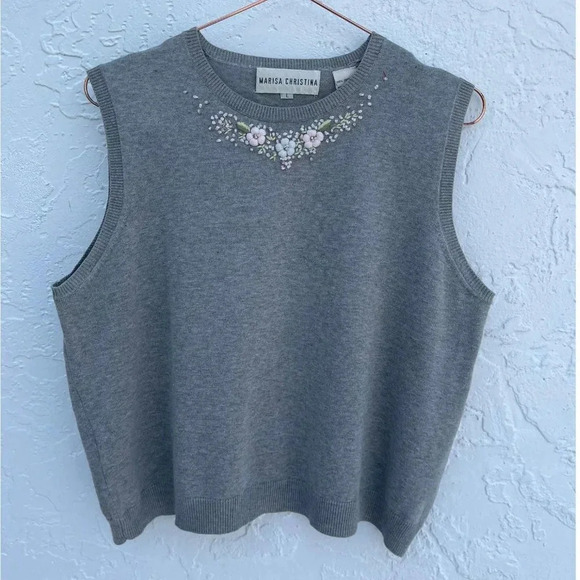 Marisa Christina Sleeveless Embroidered Cropped Sweater Gray Sz Large - Picture 1 of 5